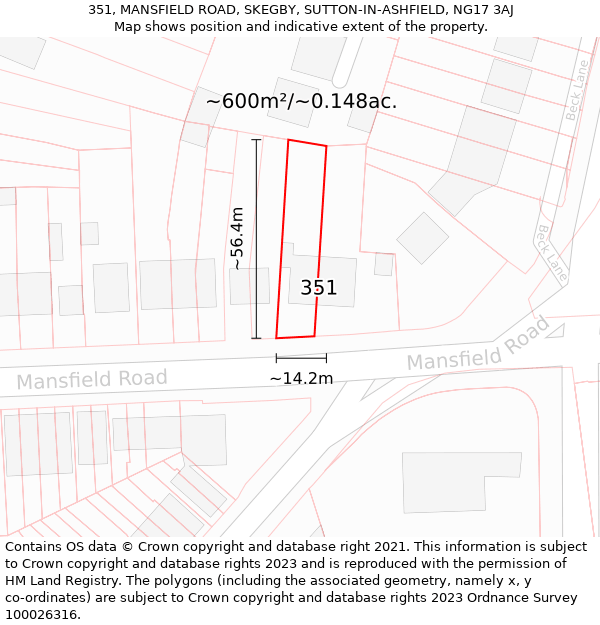 351, MANSFIELD ROAD, SKEGBY, SUTTON-IN-ASHFIELD, NG17 3AJ: Plot and title map