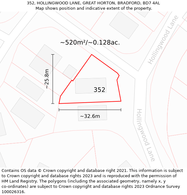 352, HOLLINGWOOD LANE, GREAT HORTON, BRADFORD, BD7 4AL: Plot and title map