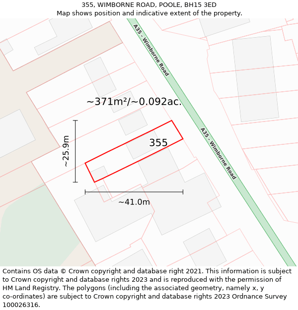 355, WIMBORNE ROAD, POOLE, BH15 3ED: Plot and title map