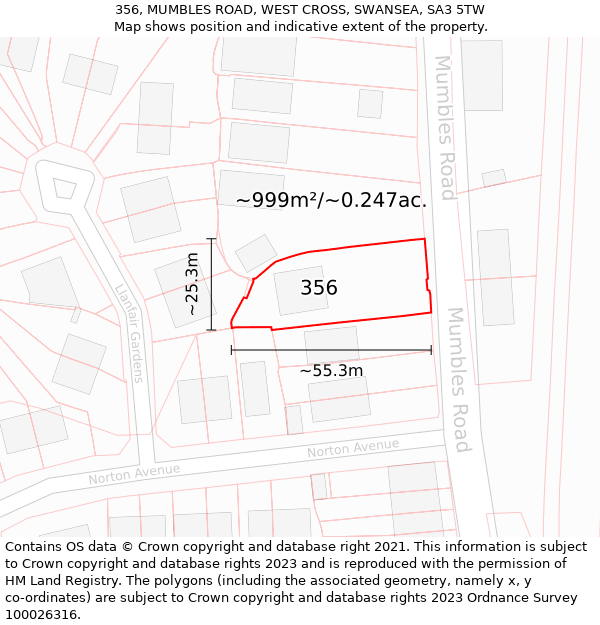 356, MUMBLES ROAD, WEST CROSS, SWANSEA, SA3 5TW: Plot and title map