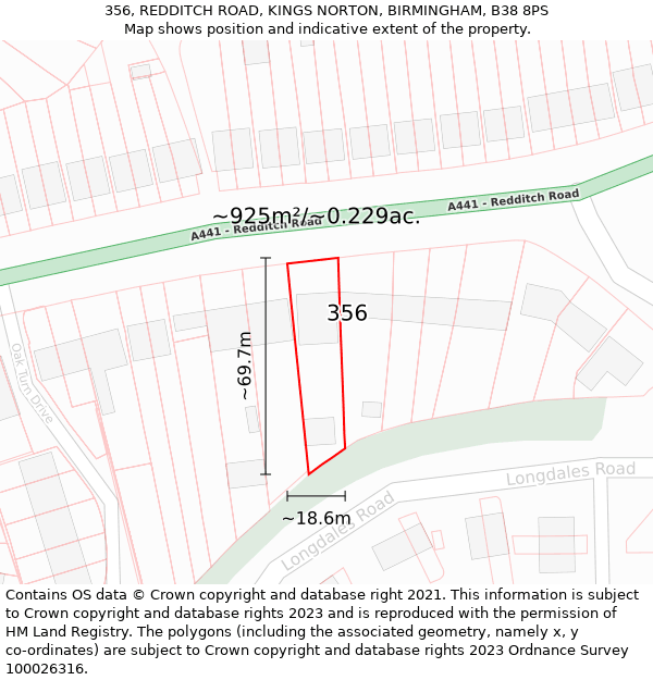 356, REDDITCH ROAD, KINGS NORTON, BIRMINGHAM, B38 8PS: Plot and title map