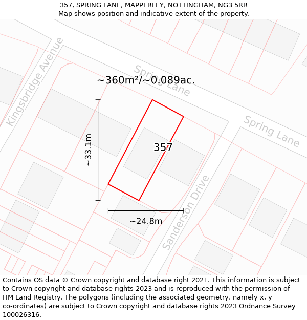 357, SPRING LANE, MAPPERLEY, NOTTINGHAM, NG3 5RR: Plot and title map