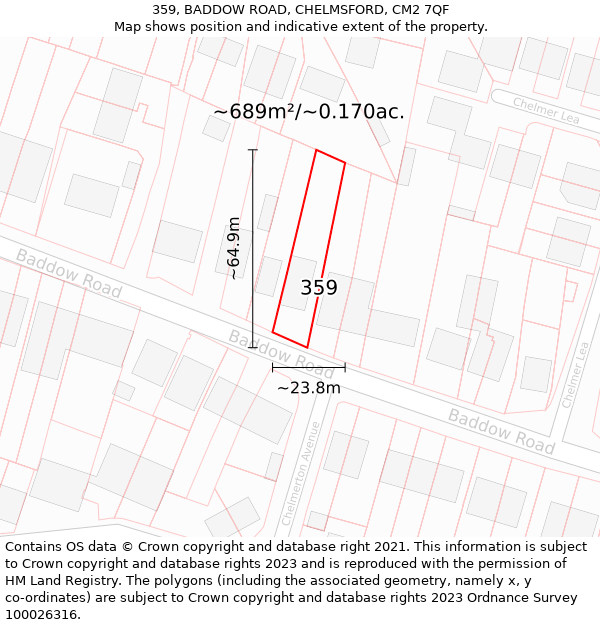 359, BADDOW ROAD, CHELMSFORD, CM2 7QF: Plot and title map