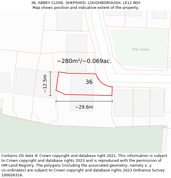 36, ABBEY CLOSE, SHEPSHED, LOUGHBOROUGH, LE12 9EH: Plot and title map