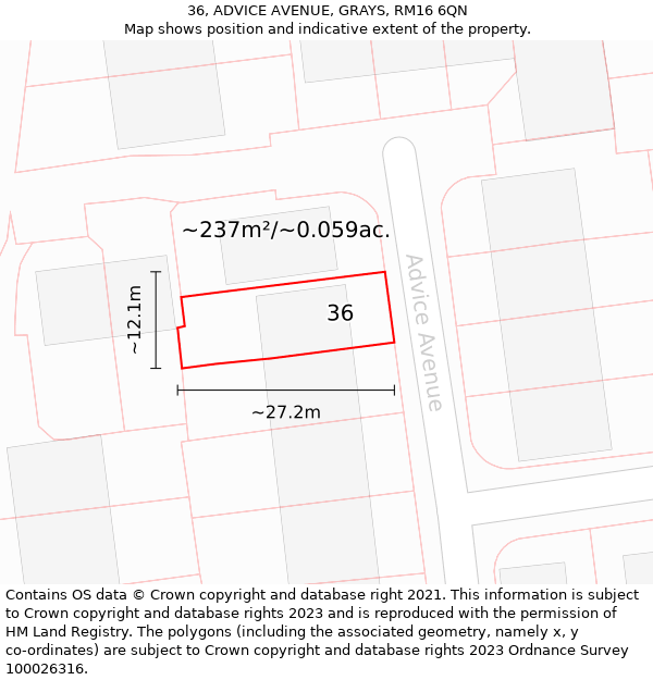 36, ADVICE AVENUE, GRAYS, RM16 6QN: Plot and title map