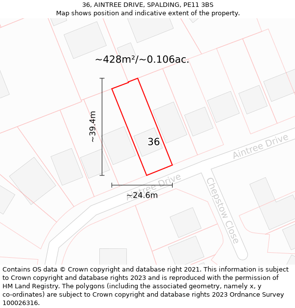 36, AINTREE DRIVE, SPALDING, PE11 3BS: Plot and title map