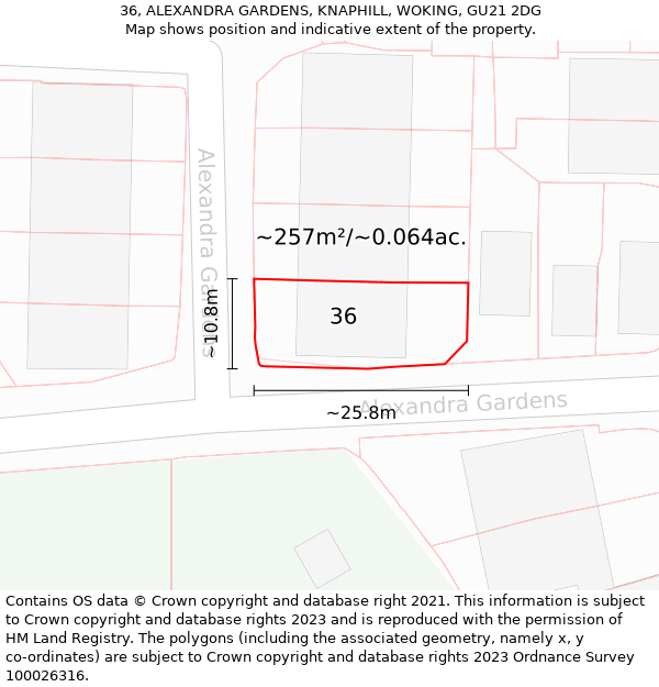 36, ALEXANDRA GARDENS, KNAPHILL, WOKING, GU21 2DG: Plot and title map