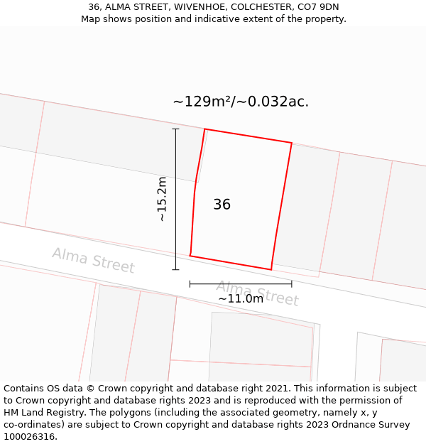 36, ALMA STREET, WIVENHOE, COLCHESTER, CO7 9DN: Plot and title map