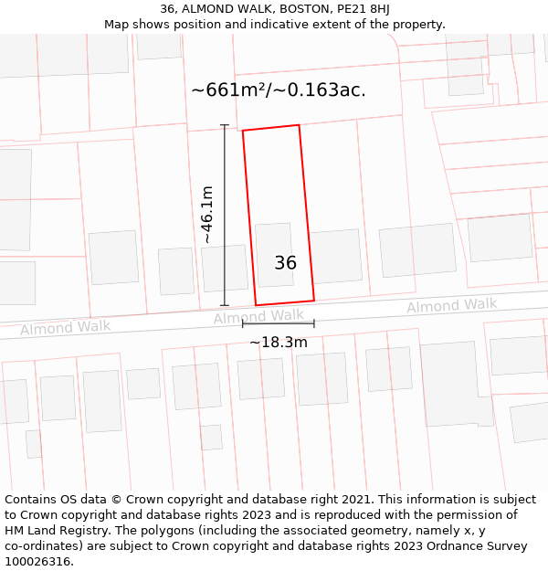 36, ALMOND WALK, BOSTON, PE21 8HJ: Plot and title map