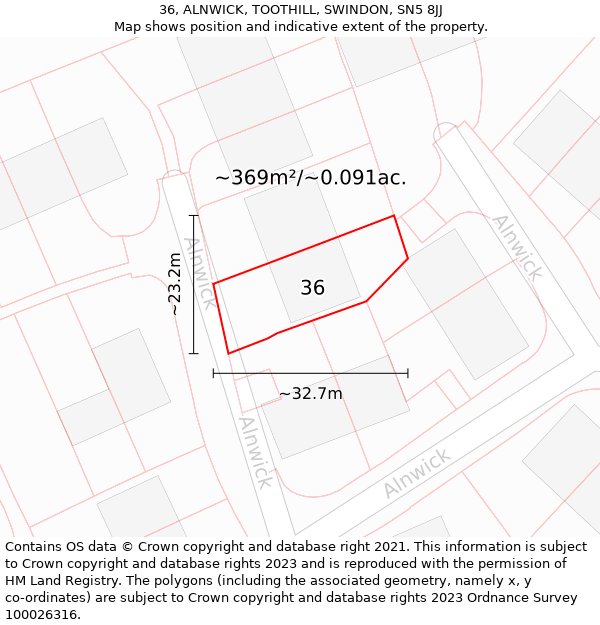 36, ALNWICK, TOOTHILL, SWINDON, SN5 8JJ: Plot and title map