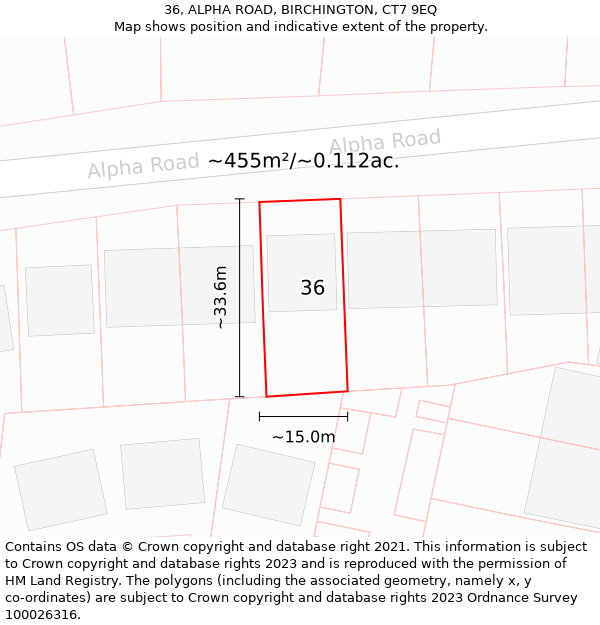 36, ALPHA ROAD, BIRCHINGTON, CT7 9EQ: Plot and title map