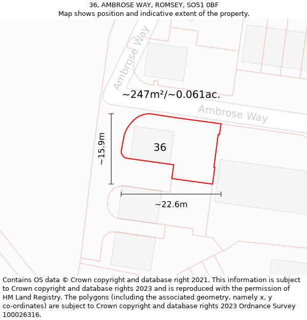 36, AMBROSE WAY, ROMSEY, SO51 0BF: Plot and title map