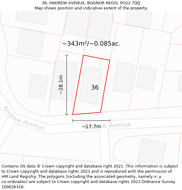 36, ANDREW AVENUE, BOGNOR REGIS, PO22 7QQ: Plot and title map