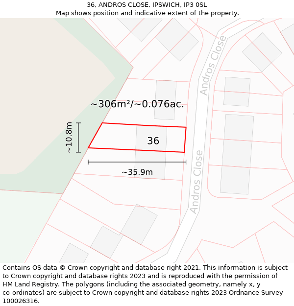 36, ANDROS CLOSE, IPSWICH, IP3 0SL: Plot and title map
