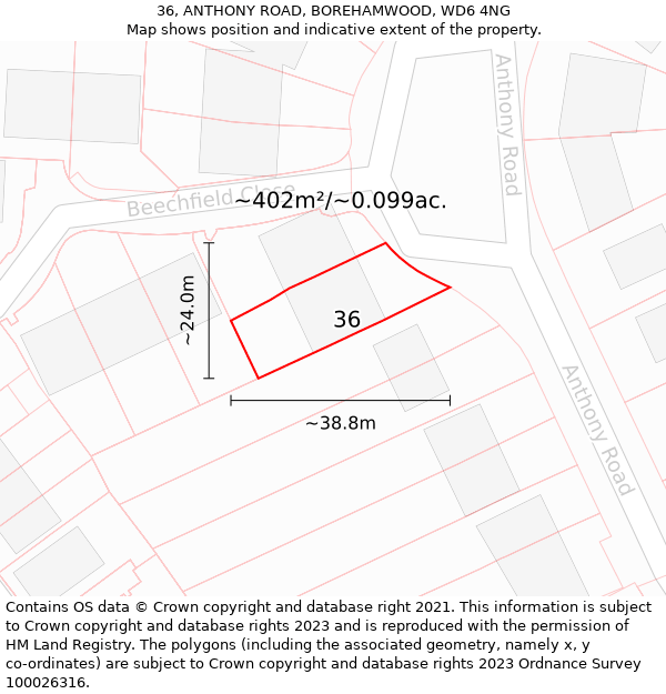 36, ANTHONY ROAD, BOREHAMWOOD, WD6 4NG: Plot and title map