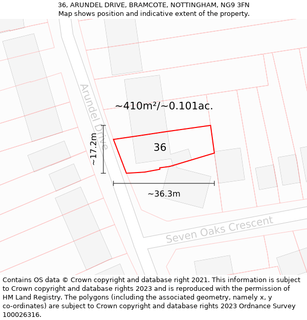 36, ARUNDEL DRIVE, BRAMCOTE, NOTTINGHAM, NG9 3FN: Plot and title map