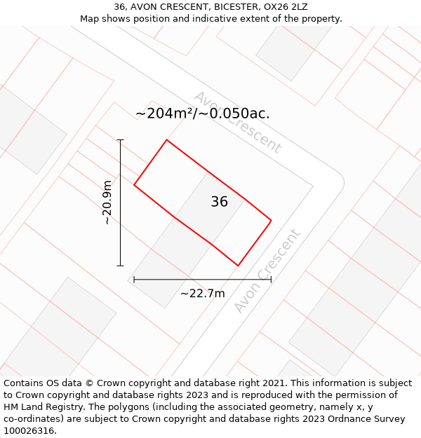 36, AVON CRESCENT, BICESTER, OX26 2LZ: Plot and title map