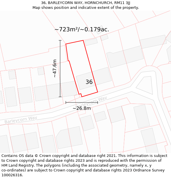 36, BARLEYCORN WAY, HORNCHURCH, RM11 3JJ: Plot and title map