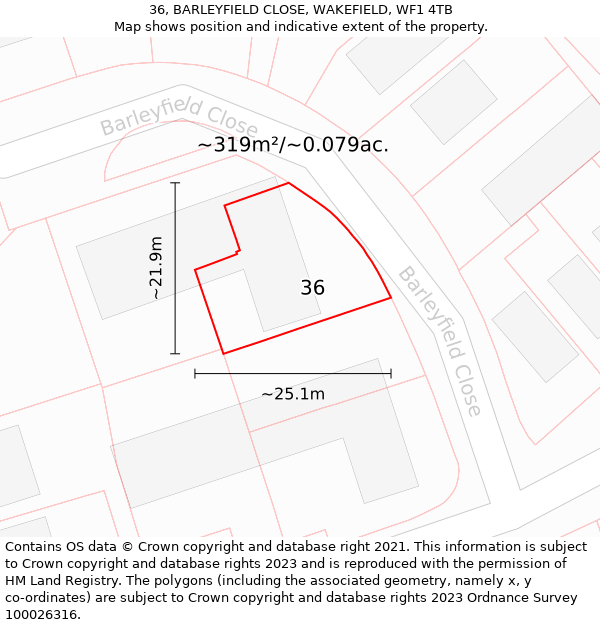 36, BARLEYFIELD CLOSE, WAKEFIELD, WF1 4TB: Plot and title map