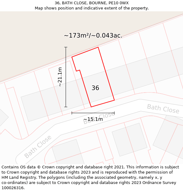 36, BATH CLOSE, BOURNE, PE10 0WX: Plot and title map