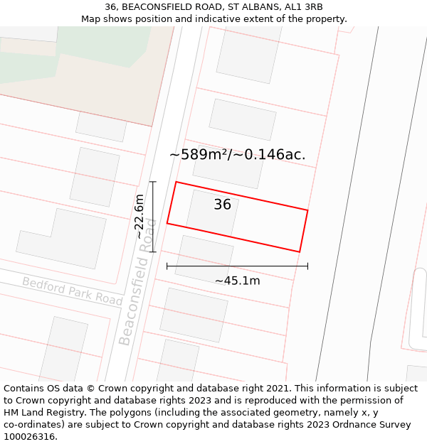 36, BEACONSFIELD ROAD, ST ALBANS, AL1 3RB: Plot and title map
