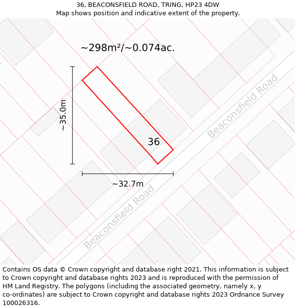 36, BEACONSFIELD ROAD, TRING, HP23 4DW: Plot and title map