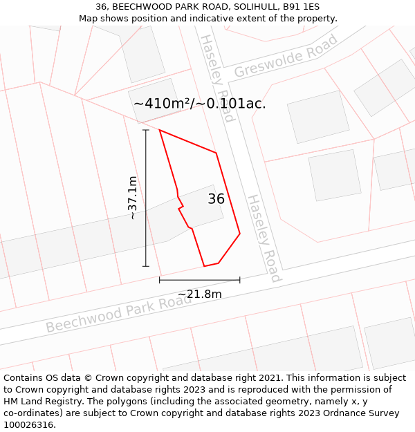 36, BEECHWOOD PARK ROAD, SOLIHULL, B91 1ES: Plot and title map