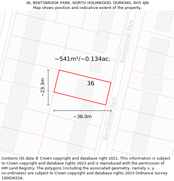 36, BENTSBROOK PARK, NORTH HOLMWOOD, DORKING, RH5 4JN: Plot and title map