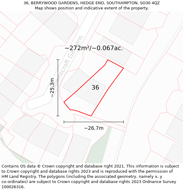 36, BERRYWOOD GARDENS, HEDGE END, SOUTHAMPTON, SO30 4QZ: Plot and title map
