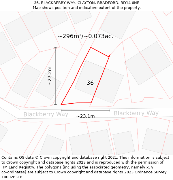 36, BLACKBERRY WAY, CLAYTON, BRADFORD, BD14 6NB: Plot and title map