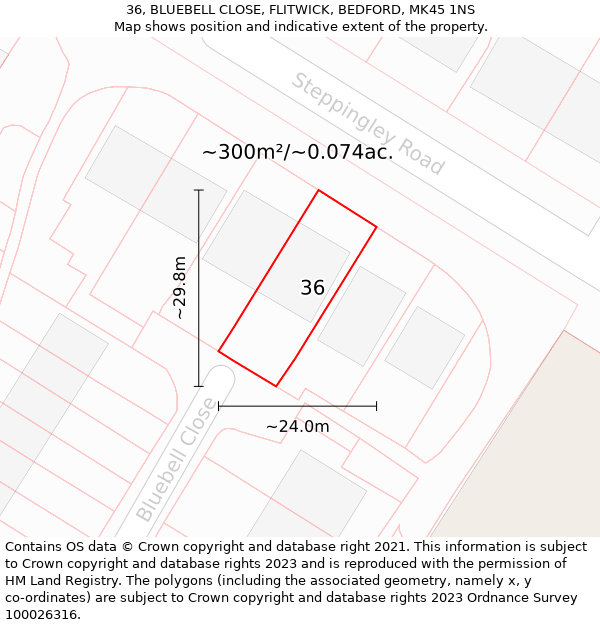 36, BLUEBELL CLOSE, FLITWICK, BEDFORD, MK45 1NS: Plot and title map