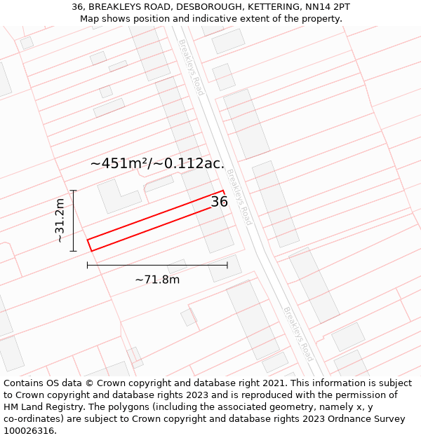 36, BREAKLEYS ROAD, DESBOROUGH, KETTERING, NN14 2PT: Plot and title map