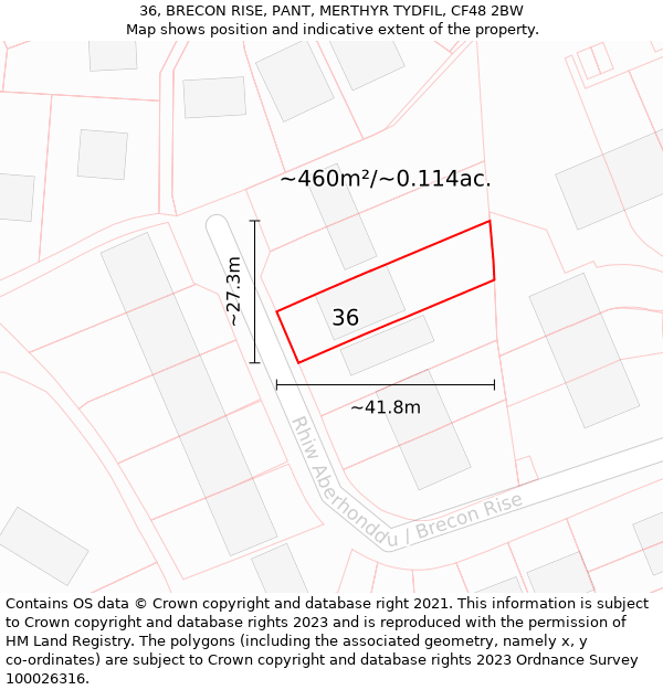 36, BRECON RISE, PANT, MERTHYR TYDFIL, CF48 2BW: Plot and title map