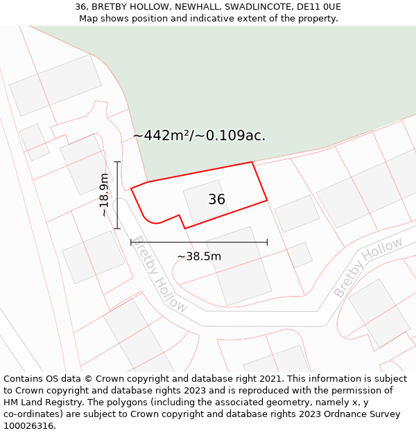 36, BRETBY HOLLOW, NEWHALL, SWADLINCOTE, DE11 0UE: Plot and title map