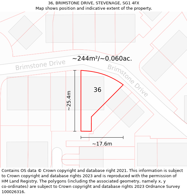 36, BRIMSTONE DRIVE, STEVENAGE, SG1 4FX: Plot and title map