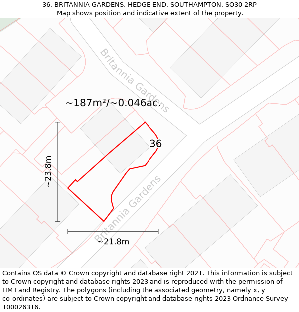 36, BRITANNIA GARDENS, HEDGE END, SOUTHAMPTON, SO30 2RP: Plot and title map