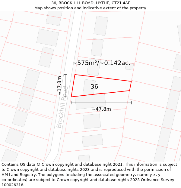 36, BROCKHILL ROAD, HYTHE, CT21 4AF: Plot and title map