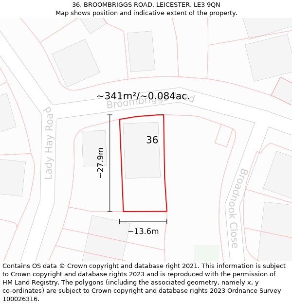 36, BROOMBRIGGS ROAD, LEICESTER, LE3 9QN: Plot and title map