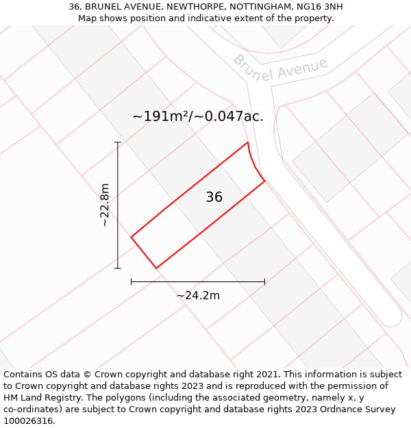 36, BRUNEL AVENUE, NEWTHORPE, NOTTINGHAM, NG16 3NH: Plot and title map