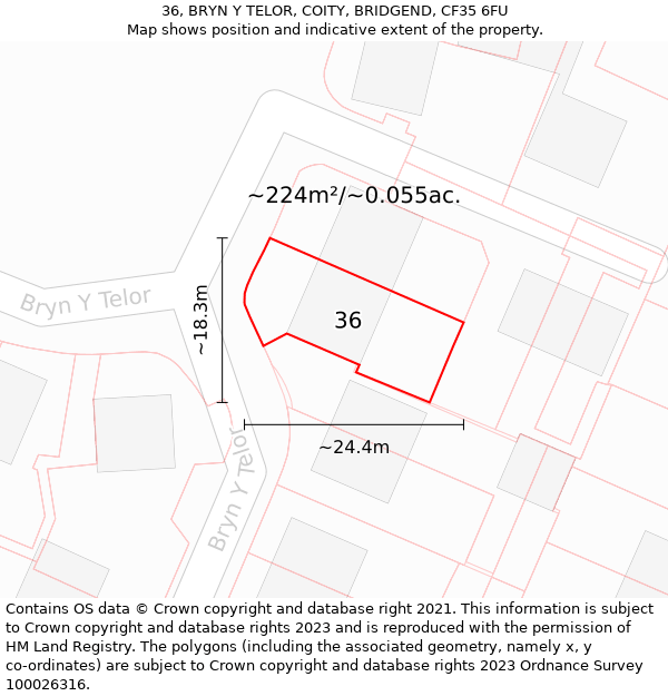 36, BRYN Y TELOR, COITY, BRIDGEND, CF35 6FU: Plot and title map