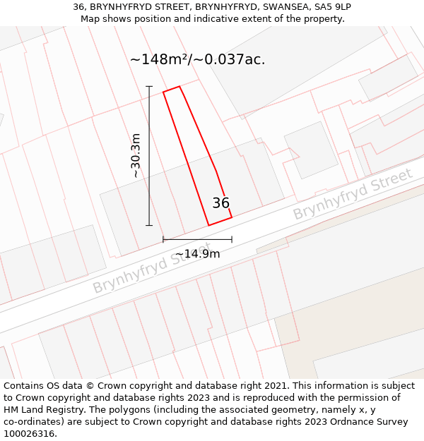 36, BRYNHYFRYD STREET, BRYNHYFRYD, SWANSEA, SA5 9LP: Plot and title map