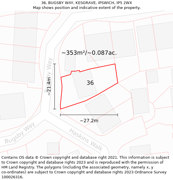 36, BUGSBY WAY, KESGRAVE, IPSWICH, IP5 2WX: Plot and title map