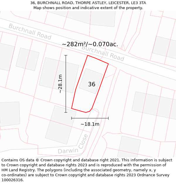 36, BURCHNALL ROAD, THORPE ASTLEY, LEICESTER, LE3 3TA: Plot and title map
