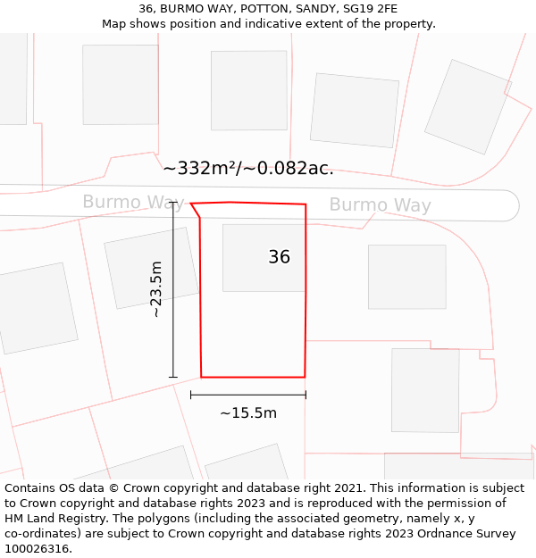 36, BURMO WAY, POTTON, SANDY, SG19 2FE: Plot and title map