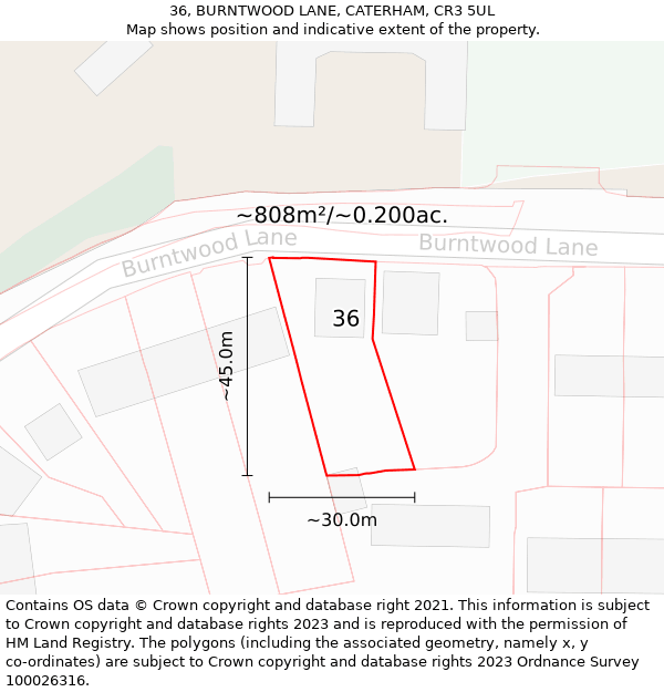 36, BURNTWOOD LANE, CATERHAM, CR3 5UL: Plot and title map