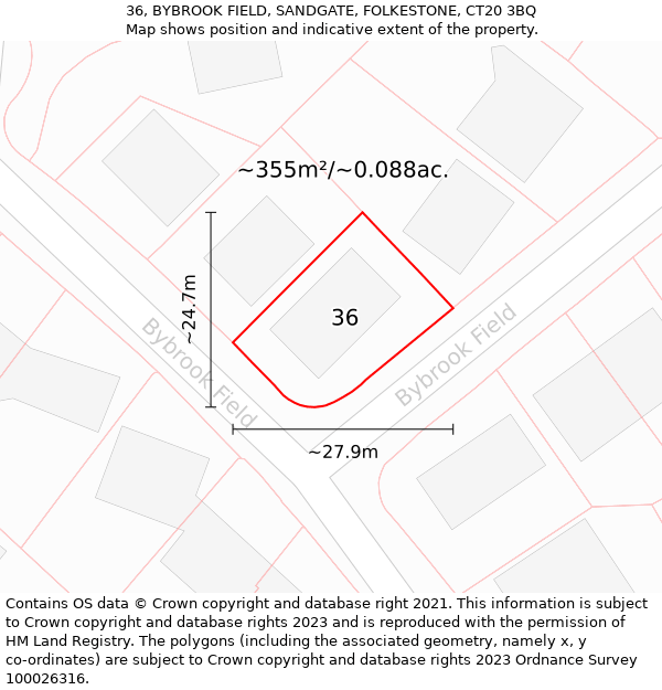 36, BYBROOK FIELD, SANDGATE, FOLKESTONE, CT20 3BQ: Plot and title map