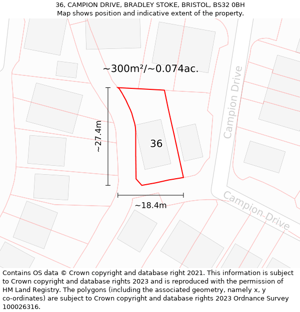 36, CAMPION DRIVE, BRADLEY STOKE, BRISTOL, BS32 0BH: Plot and title map