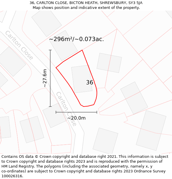 36, CARLTON CLOSE, BICTON HEATH, SHREWSBURY, SY3 5JA: Plot and title map