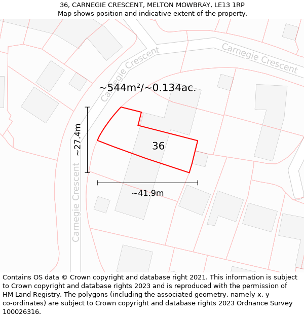 36, CARNEGIE CRESCENT, MELTON MOWBRAY, LE13 1RP: Plot and title map