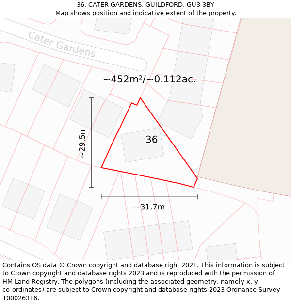 36, CATER GARDENS, GUILDFORD, GU3 3BY: Plot and title map